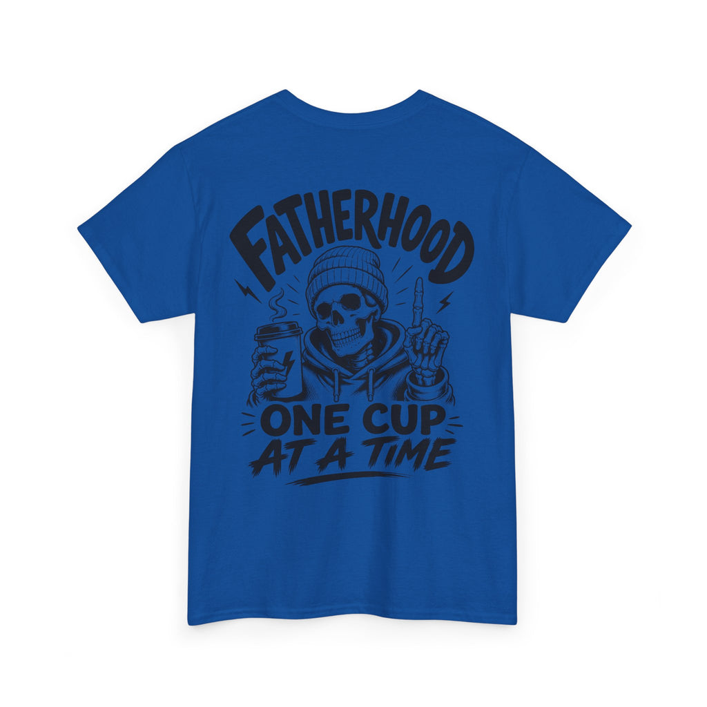 Royal blue Coffee Dad graphic T-shirt product image on white background, displaying the back print with illustrated coffee cup artwork and Fatherhood One Cup at a Time text.