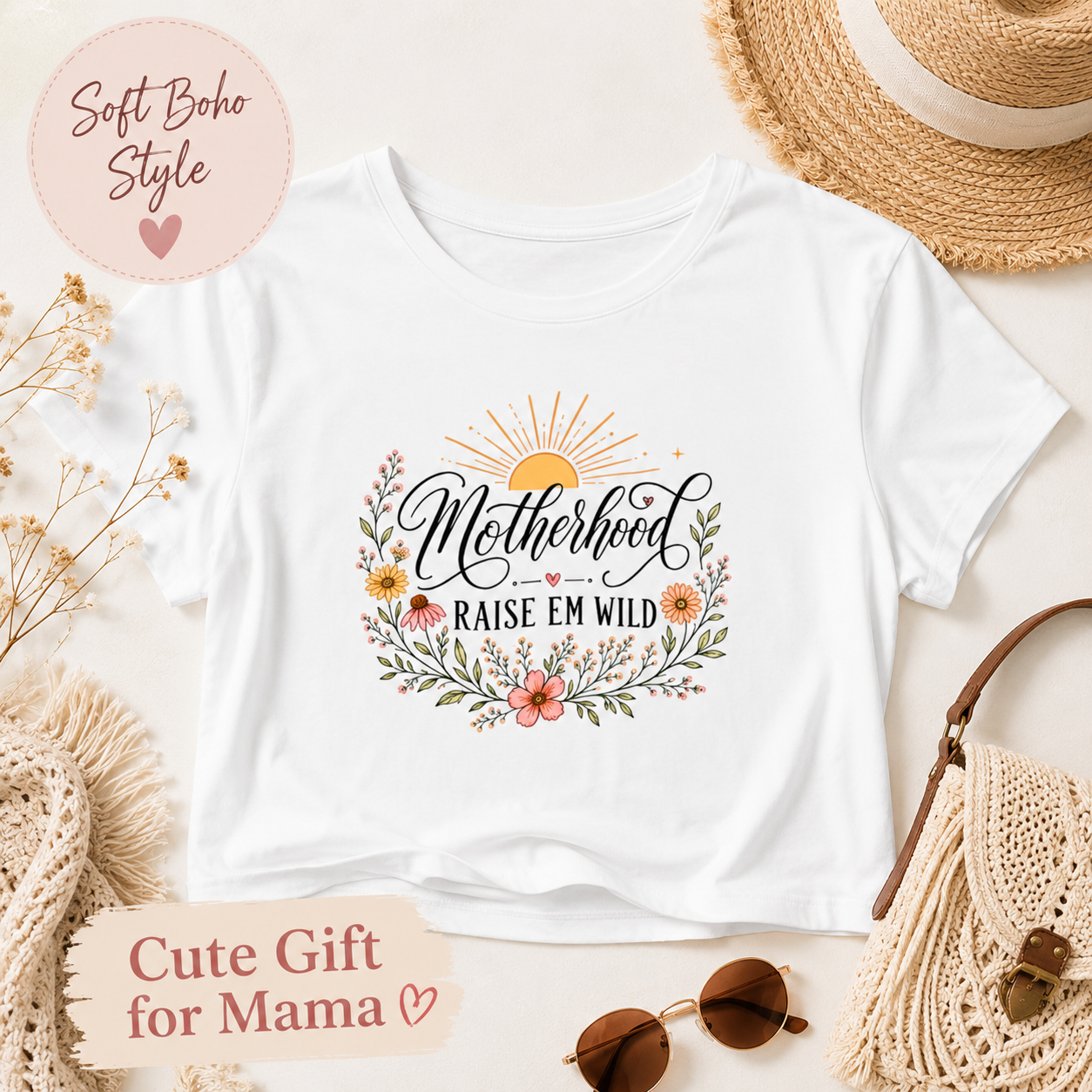 Motherhood Raise Em Wild Crop Top, Boho Mama Shirt, Floral Mom Tee, Mom Life Gift, Cute Mothers Day Shirt, Wild Mama Graphic Tee