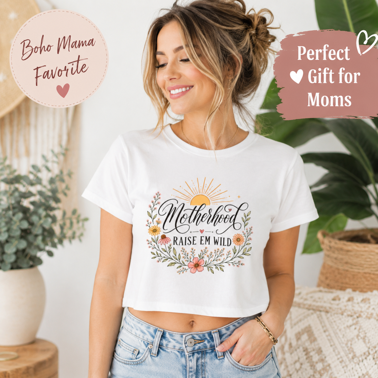 Motherhood Raise Em Wild Crop Top, Boho Mama Shirt, Floral Mom Tee, Mom Life Gift, Cute Mothers Day Shirt, Wild Mama Graphic Tee
