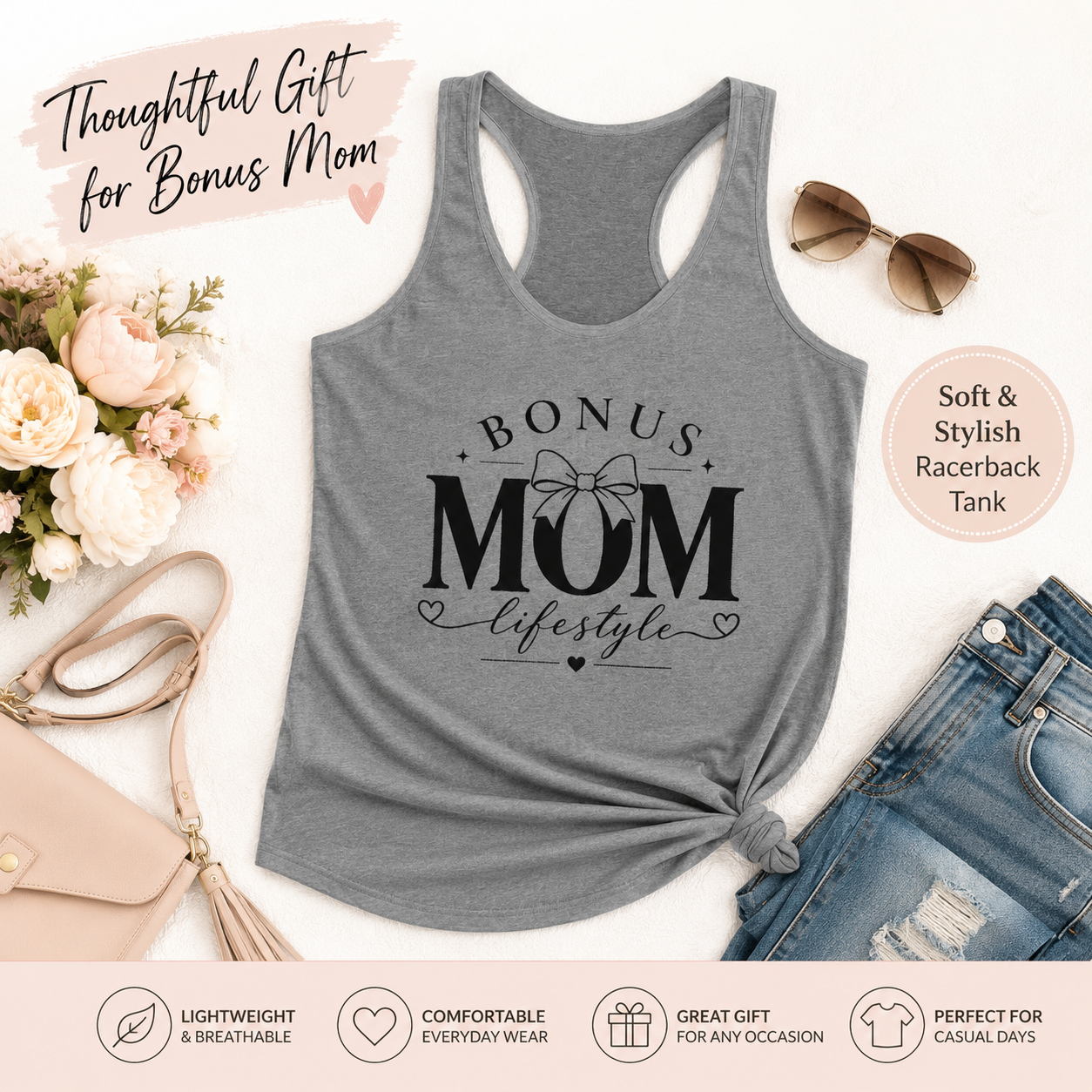 Bonus Mom racerback tank top product image for stepmoms, moms by choice, and blended family gifts.