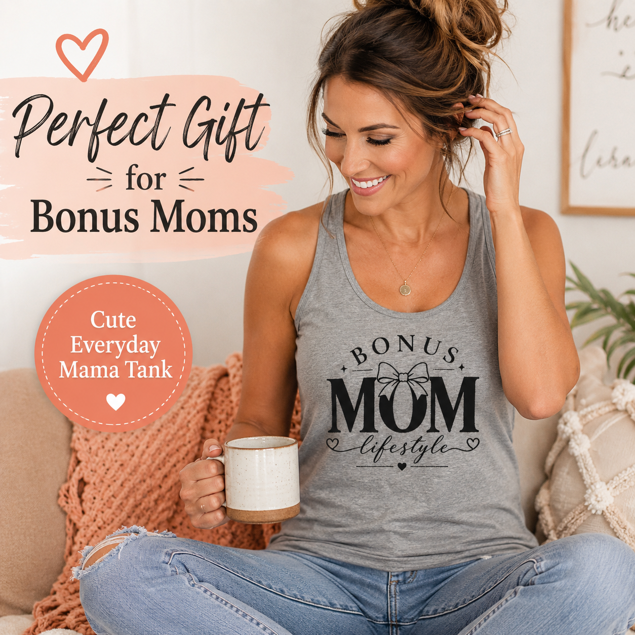 Women’s Bonus Mom racerback tank product view for moms by choice and stepmom gifts.