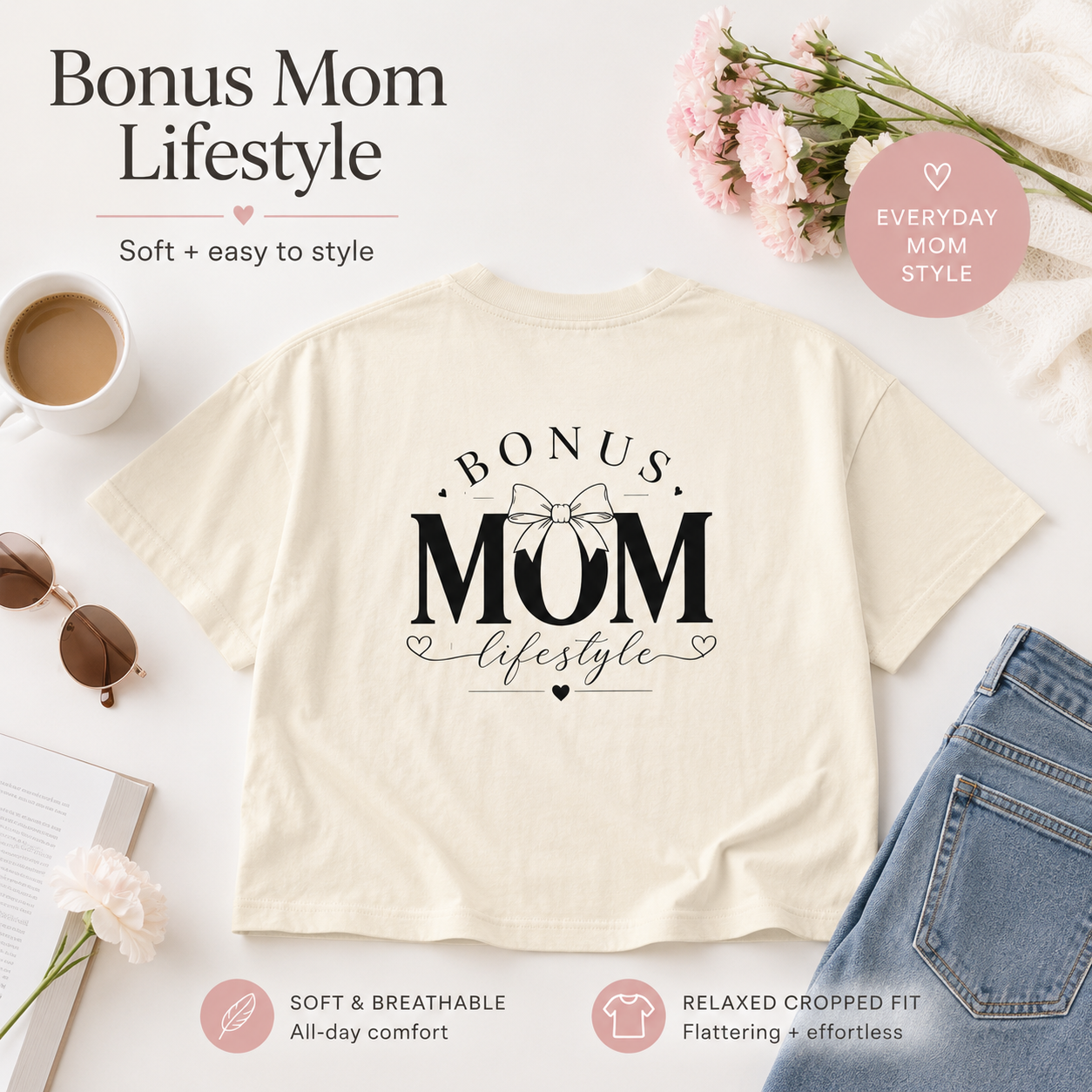 Bonus Mom Lifestyle Shirt, Cute Step Mom Gift Tee, White Bonus Mama Crop Top, Mother’s Day Gift for Bonus Mom