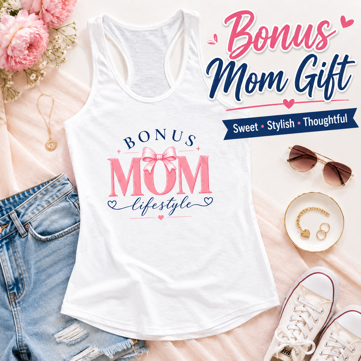 Mom by choice tank top product view for stepmoms and bonus moms.