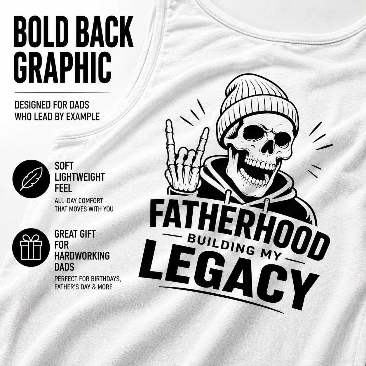Fatherhood Legacy tank top product mockup with meaningful dad gift graphic design.