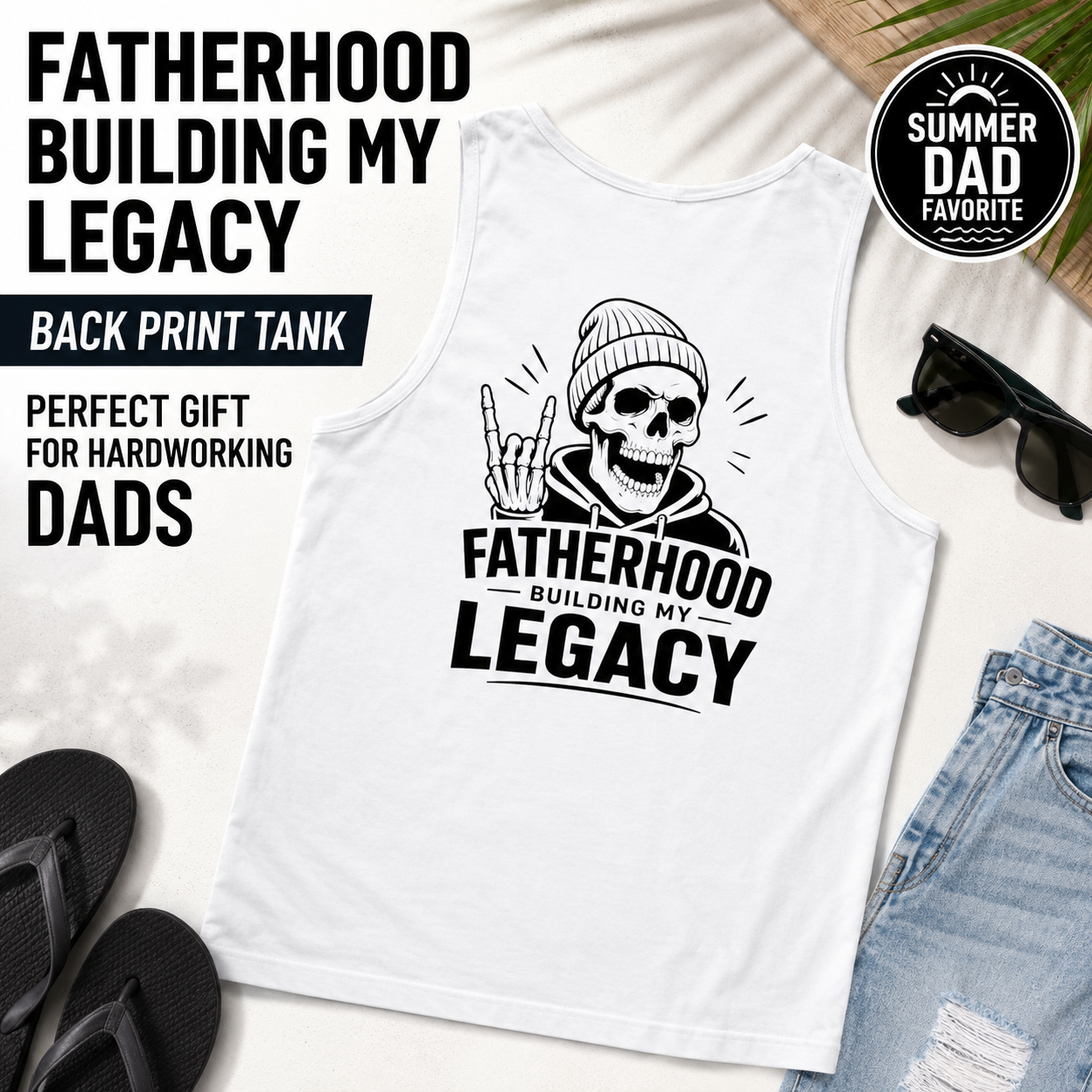 Men’s dad graphic tank top alternate product view with Fatherhood Legacy theme.