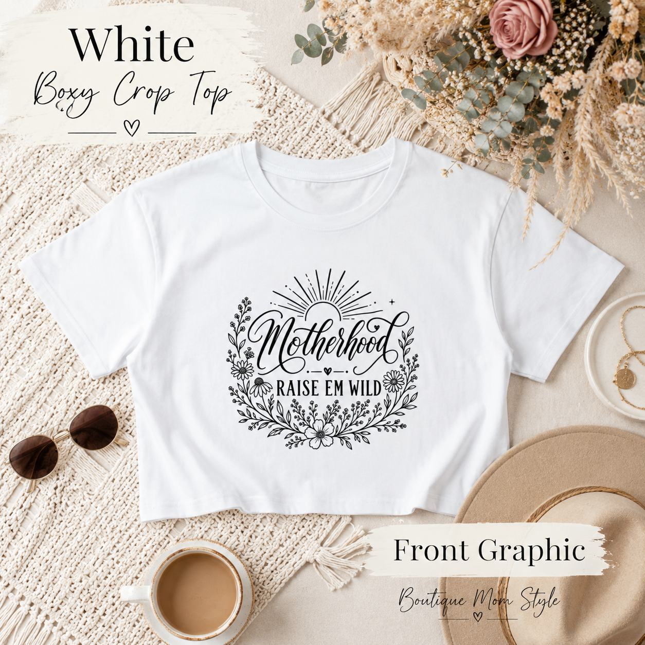 Boho mama boxy crop top product image for new moms and expecting moms.