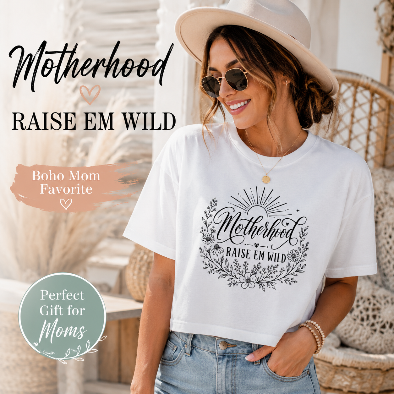 Raise Em Wild boxy crop top product image with boho motherhood graphic design.
