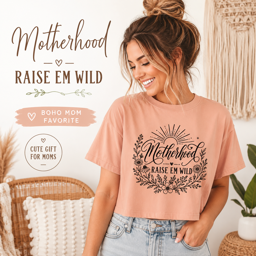 Boho mom crop top product mockup for Mother’s Day and birthday gift shoppers.
