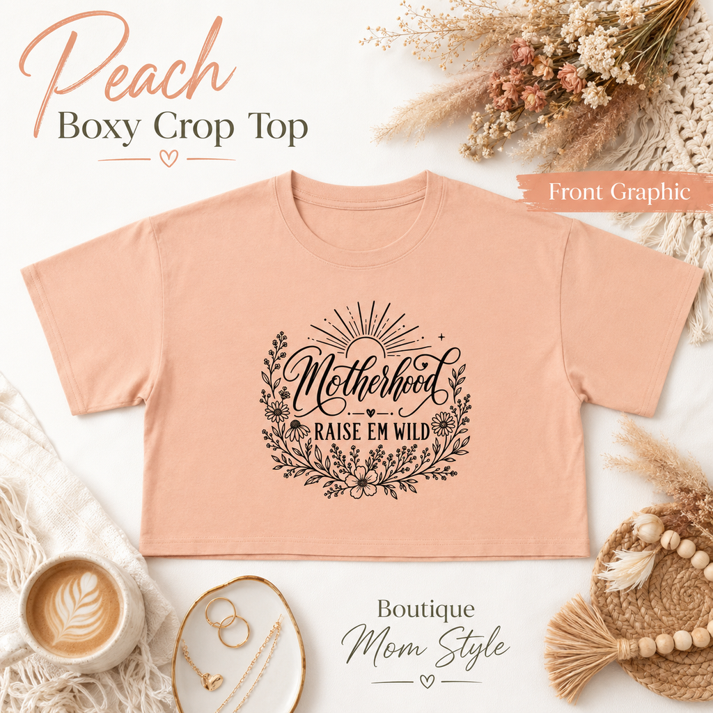 Boho floral mom shirt product image with relaxed boxy crop fit.