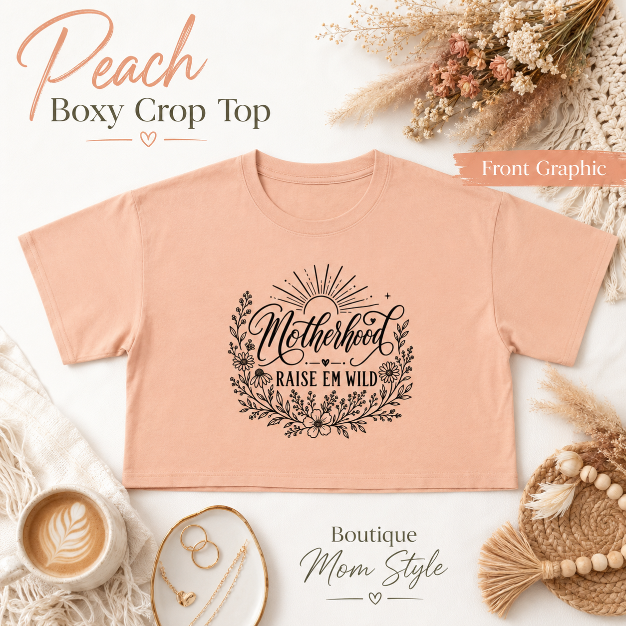 Boho floral mom shirt product image with relaxed boxy crop fit.