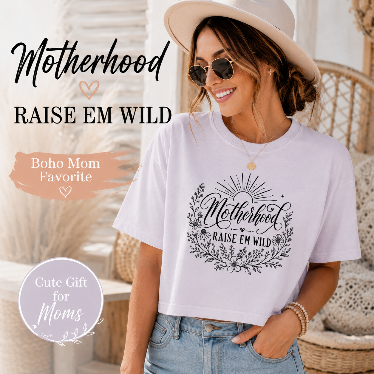 Women’s boho motherhood boxy crop top product image for everyday mom style.