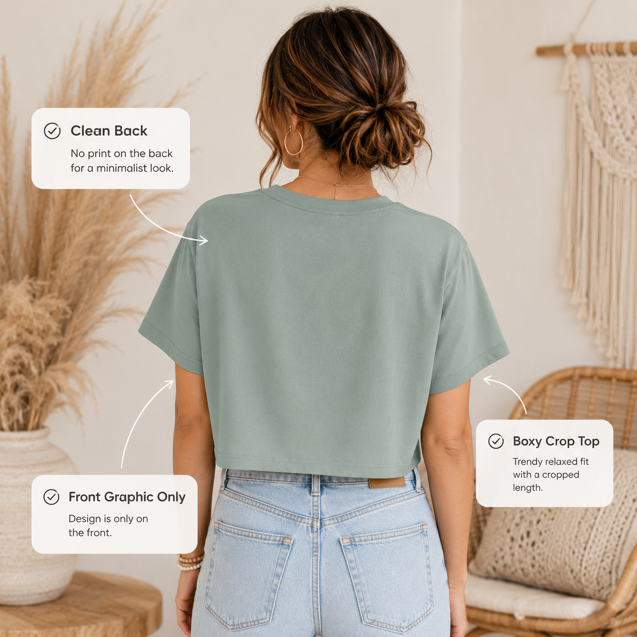 New mom gift boxy crop top product image with boho motherhood message.