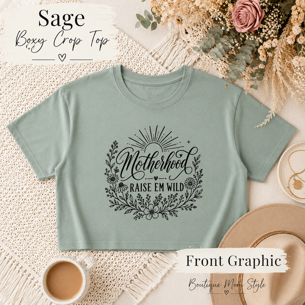Mother’s Day mom gift crop top product image with Raise Em Wild graphic.