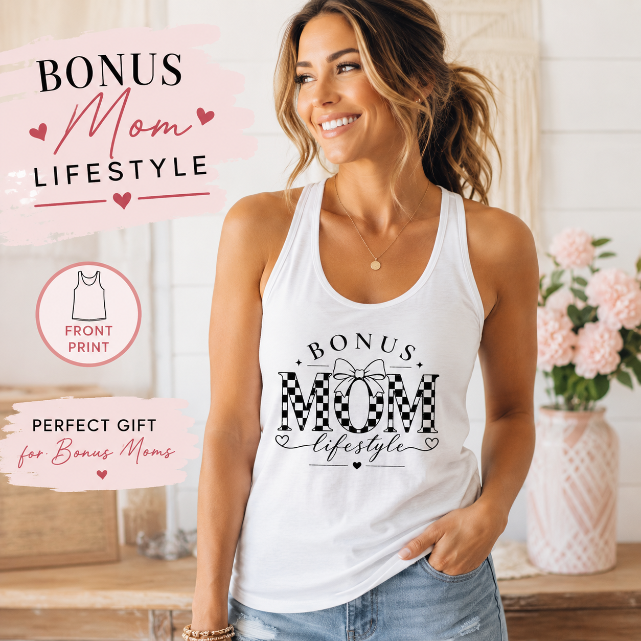 Bonus Mom tank top product image for meaningful stepmom gift shoppers.