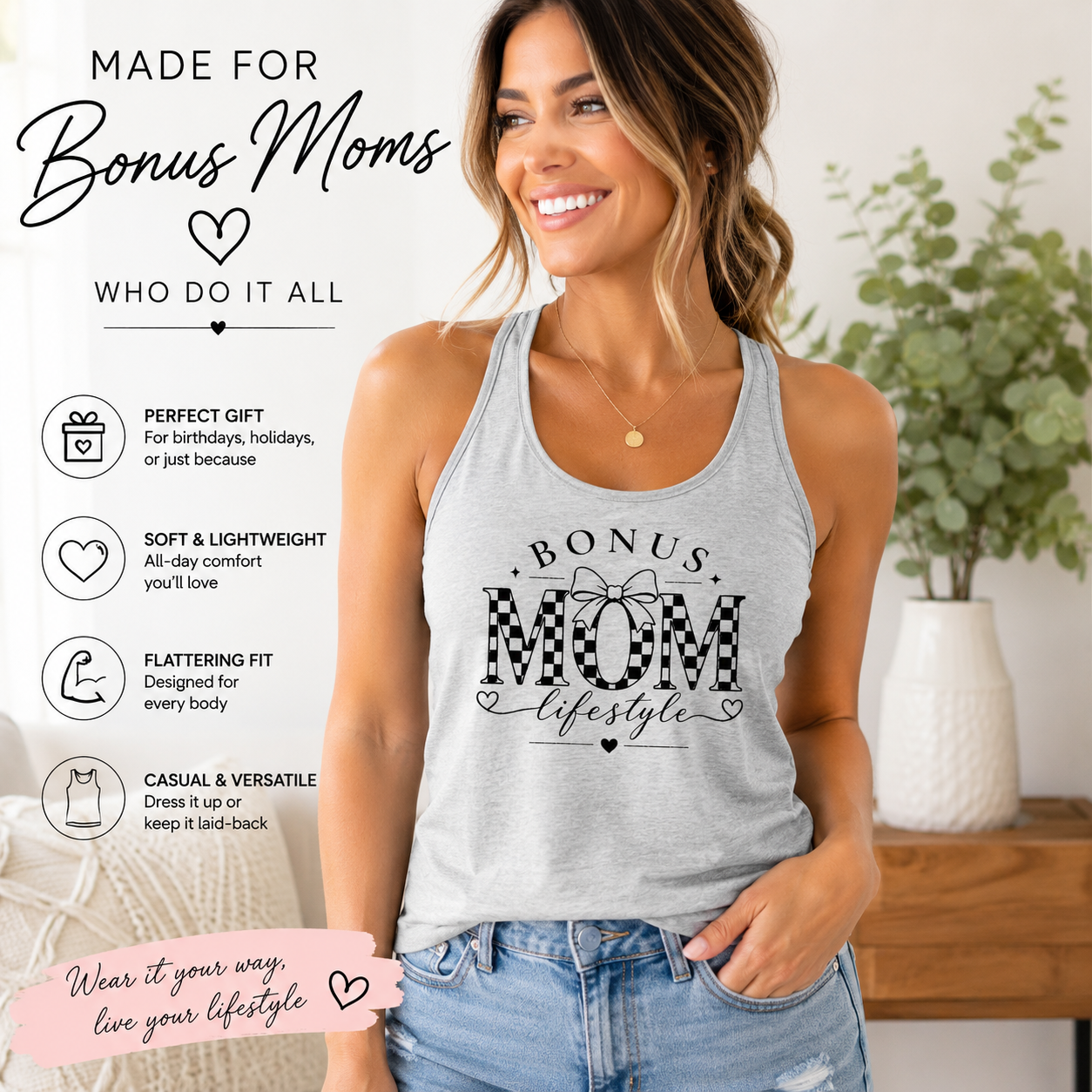 Meaningful stepmom gift tank top with Bonus Mom graphic design.