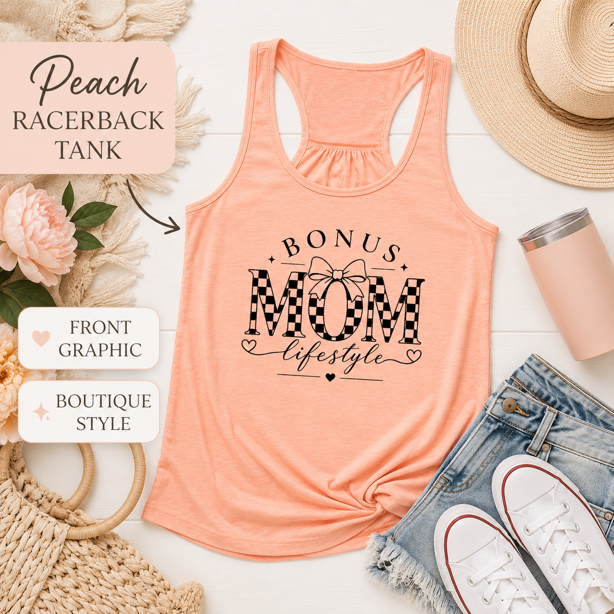 Bonus Mom graphic tank top color option for warm weather outfits