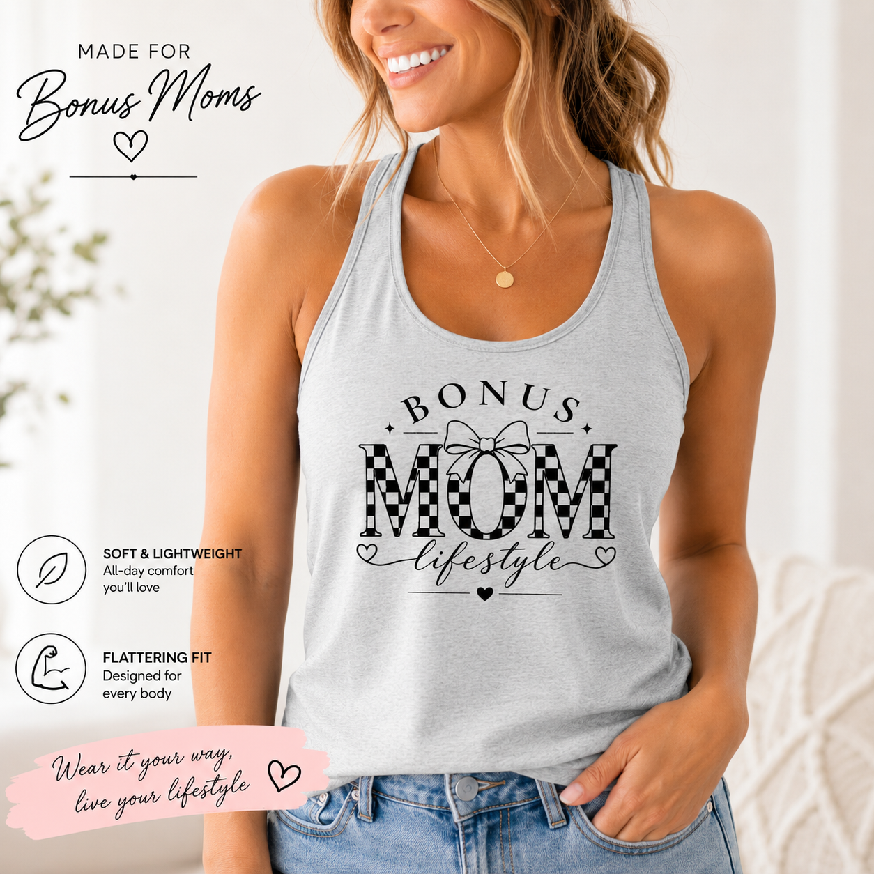 Bonus Mom graphic tank top for Mother’s Day shoppers and birthday gift ideas
