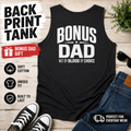 Black Bonus Dad tank top flat lay mockup with white back print design and gift overlay for step dads and bonus dads. SEO-focused image for bonus dad shirt, step dad Father’s Day gift, chosen family apparel, black sleeveless tank, casual men’s summer top, blended family dad present.