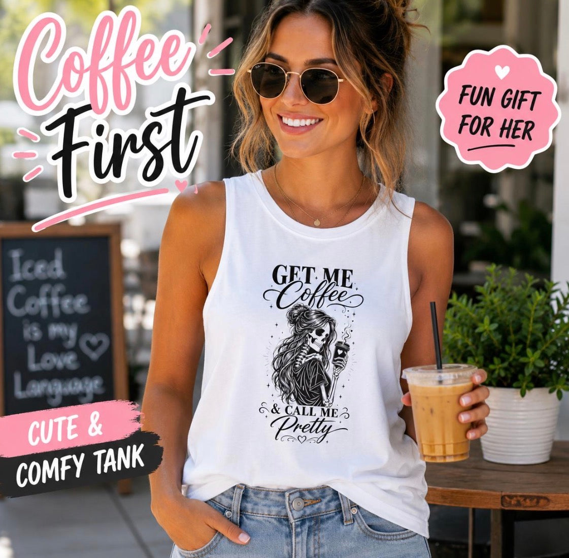 Get Me Coffee crop tank top product image for funny coffee lover gift shoppers.