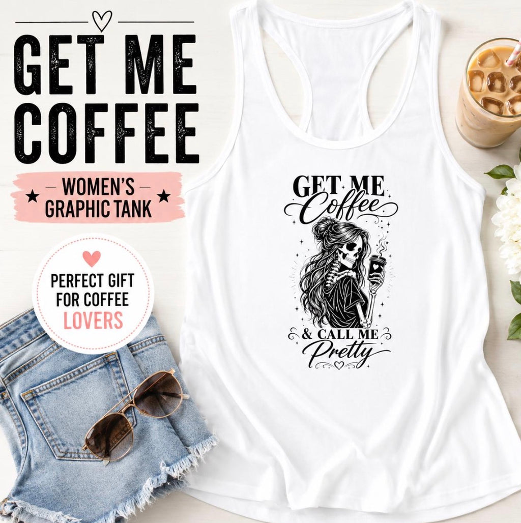Get Me Coffee graphic crop tank top image for moms, girlfriends, and coffee lovers.