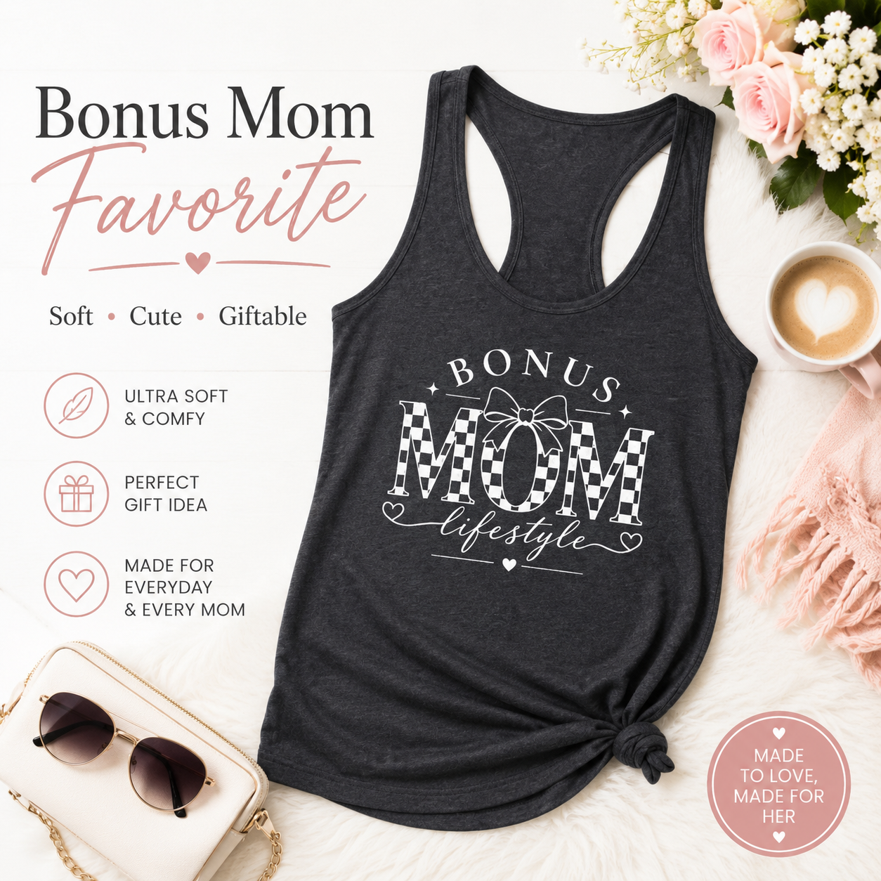 Bonus Mom tank top mockup for bonus mom and stepmom gift shoppers.