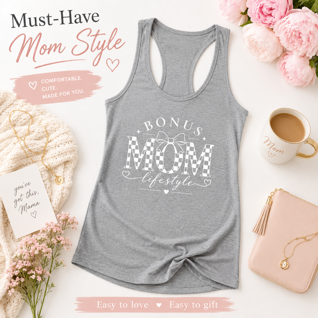 Bonus Mom tank top color option with graphic design.