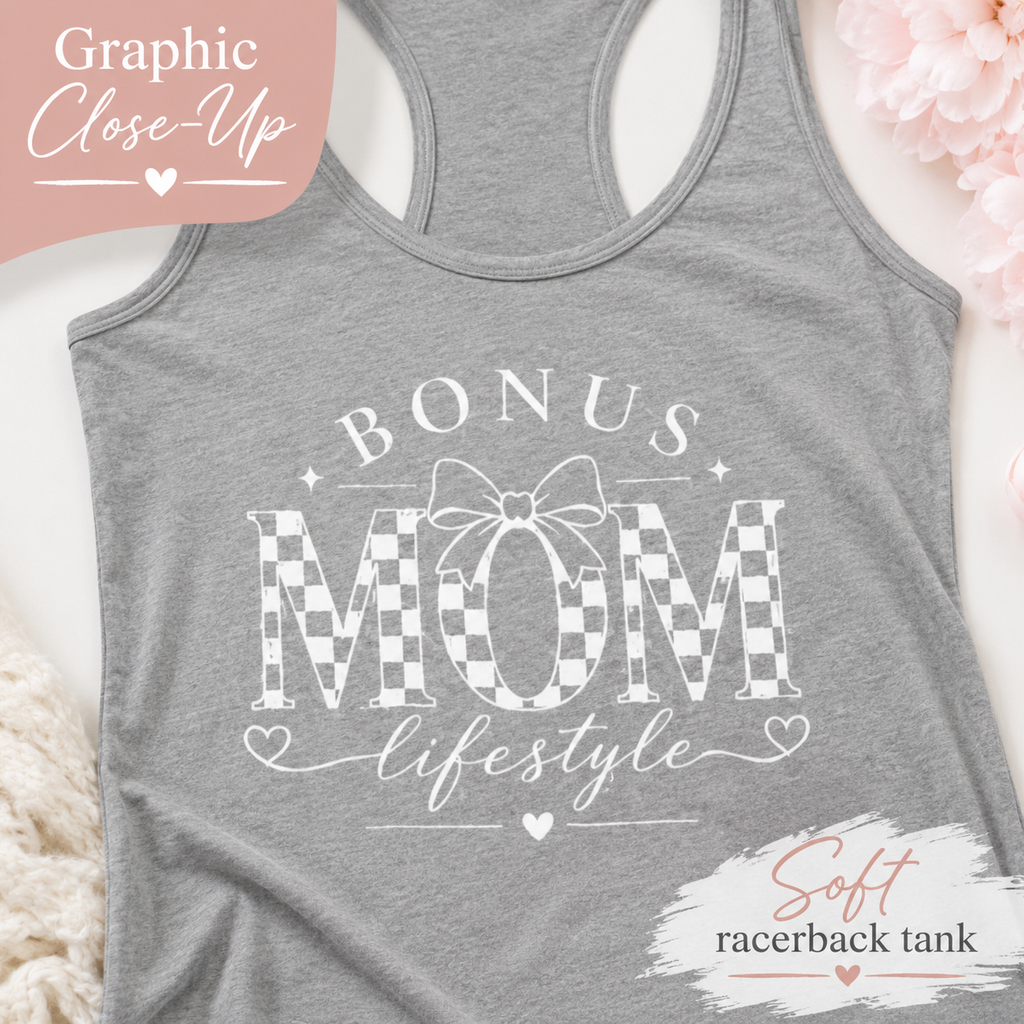 Bonus Mom tank top mockup with graphic design.
