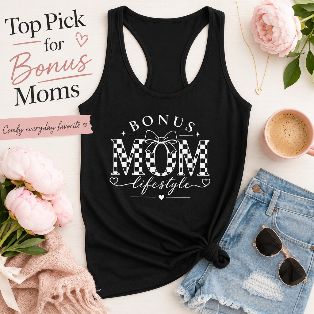 Bonus Mom racerback tank top product image for a stepmom gift shirt.