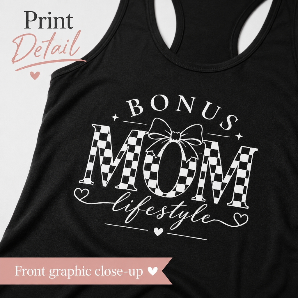 Stepmom gift racerback tank top with Bonus Mom graphic design.