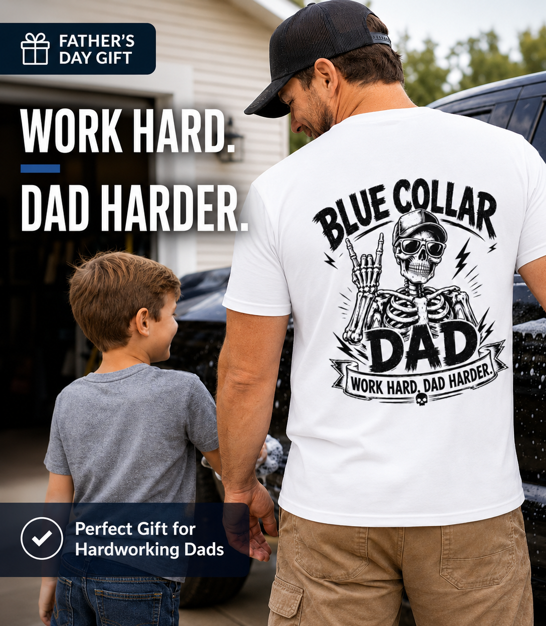 Man wearing a white Blue Collar Dad t-shirt while standing outdoors with a child, shown as a Father’s Day gift tee.