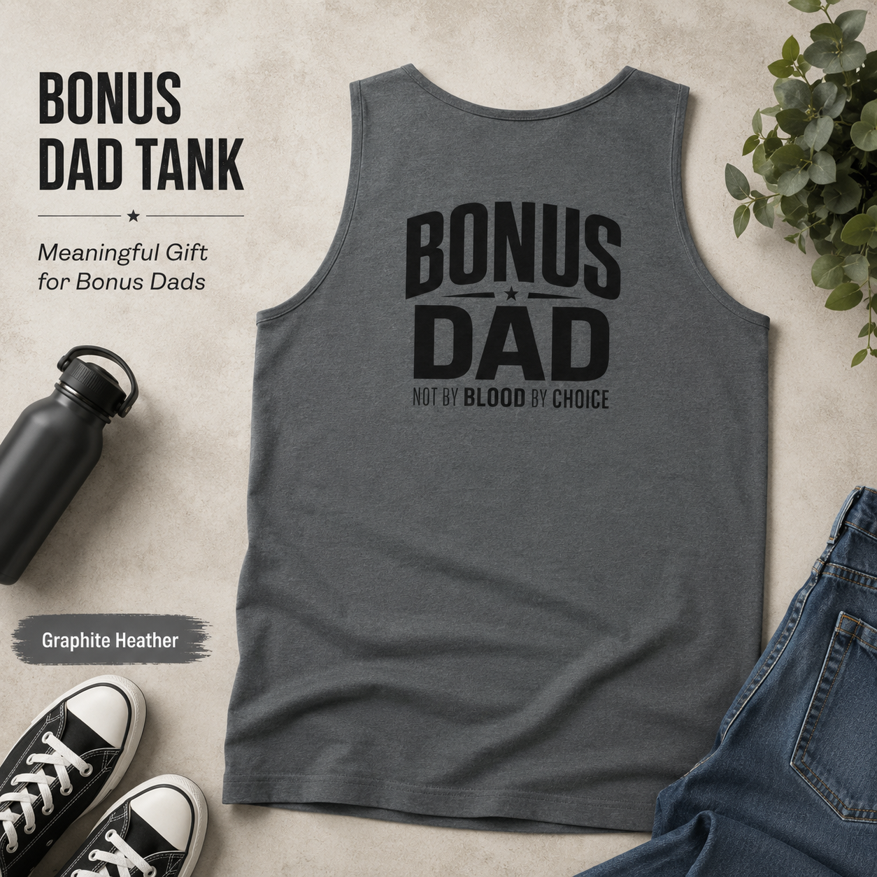 Men’s Bonus Dad tank top product image for stepdads, blended families, and Father’s Day gifts.