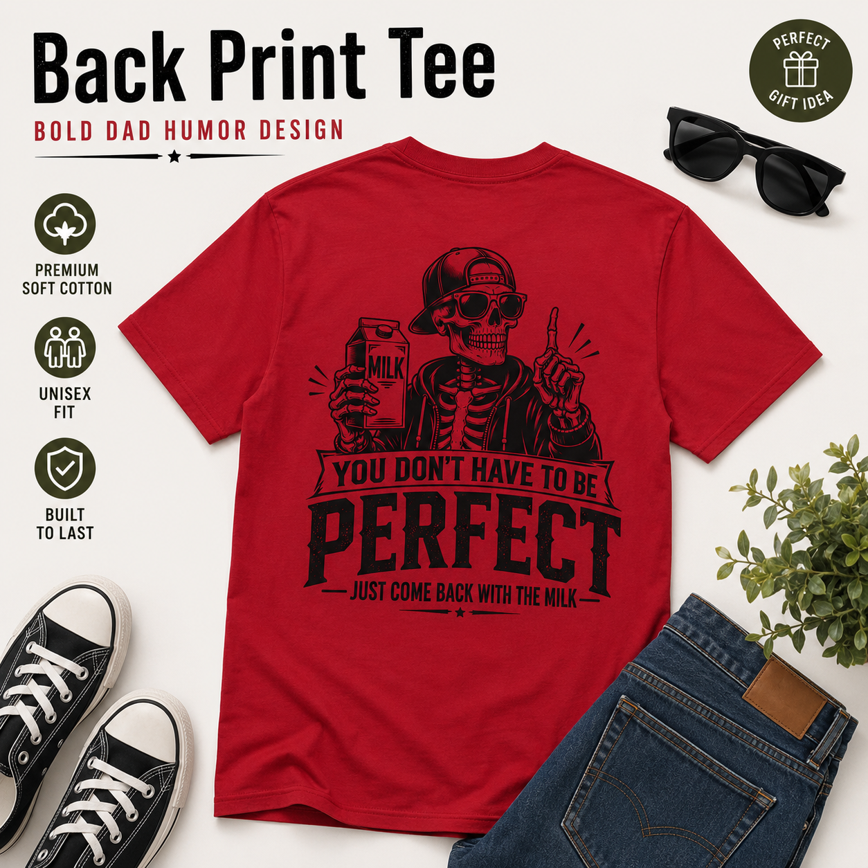New dad gift shirt product image with skeleton milk joke graphic.