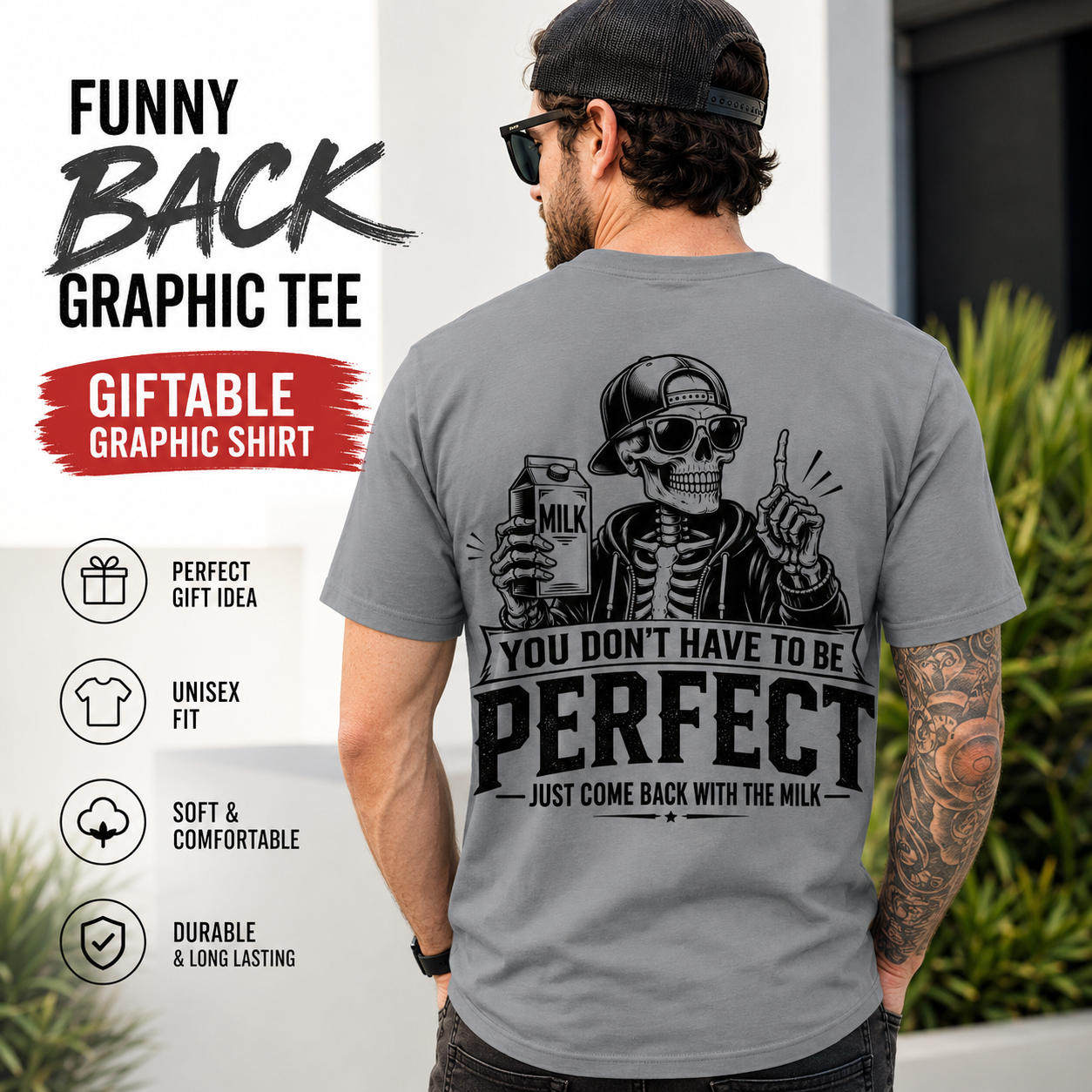 Funny dad milk joke shirt product image with skeleton graphic design.