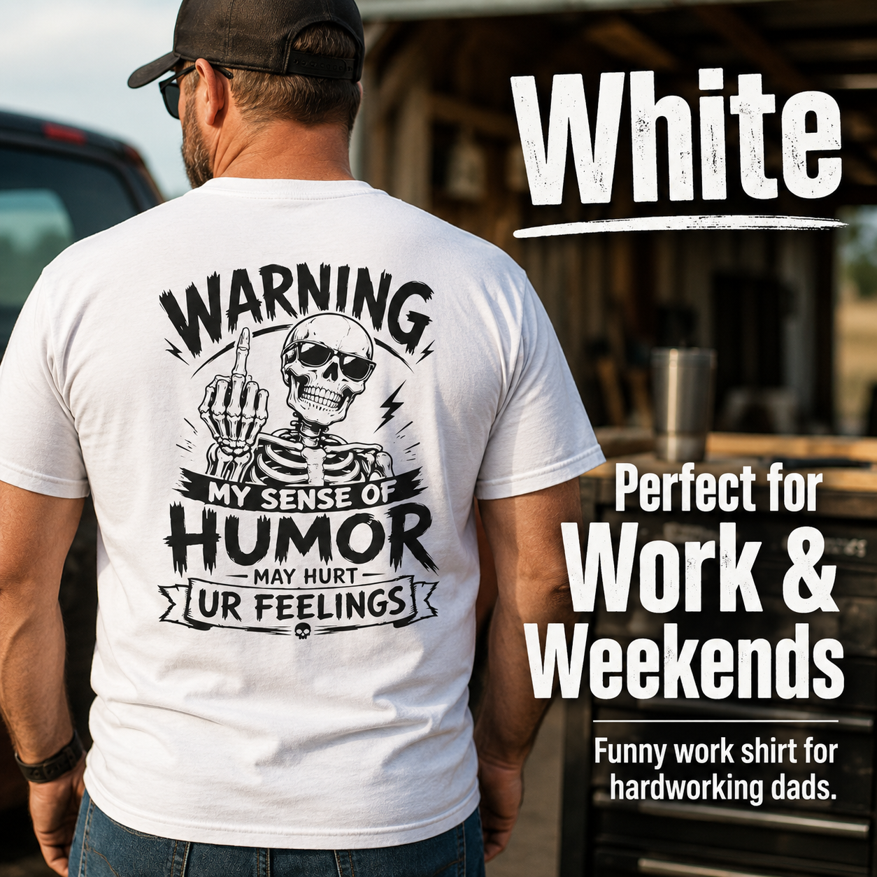 Jobsite humor graphic tee displayed in bright workwear color option