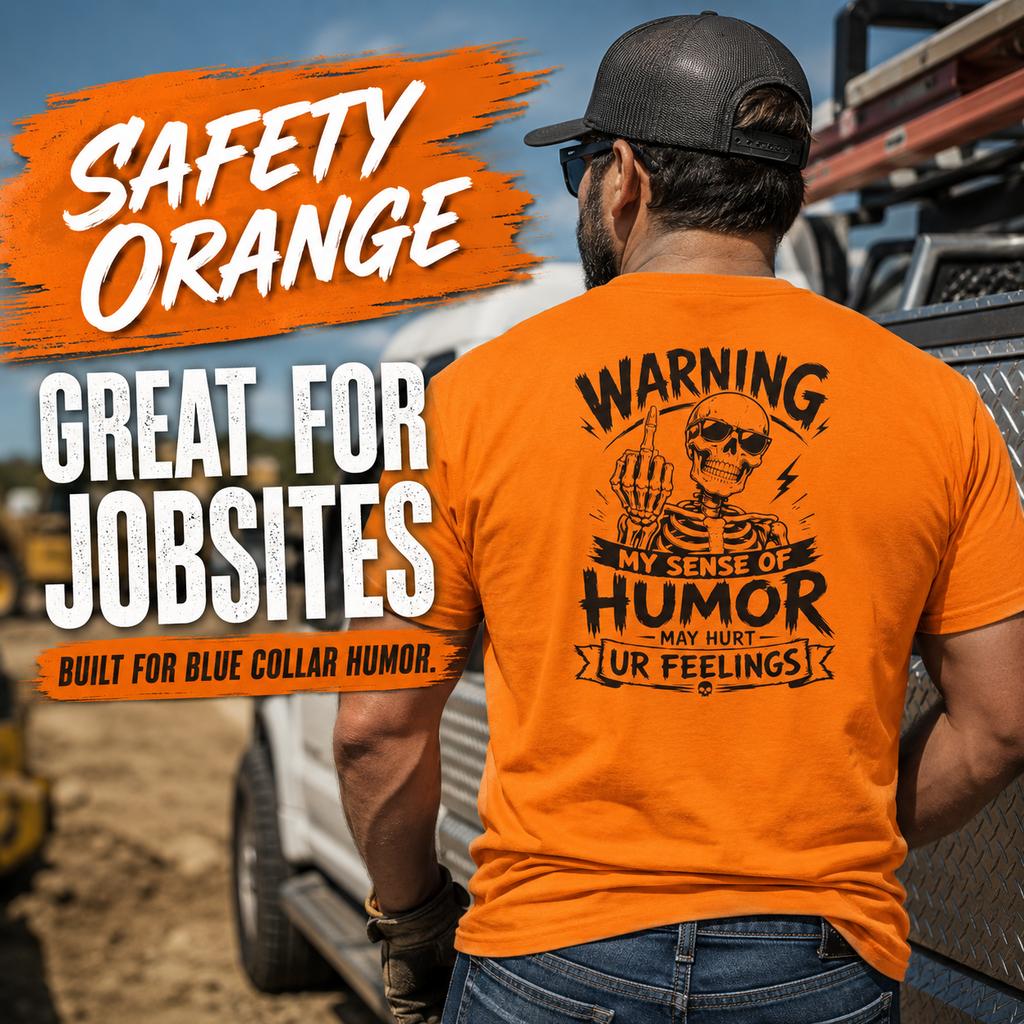 Workwear-style graphic tee available in safety orange, safety green, and white
