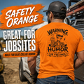 Workwear-style graphic tee available in safety orange, safety green, and white