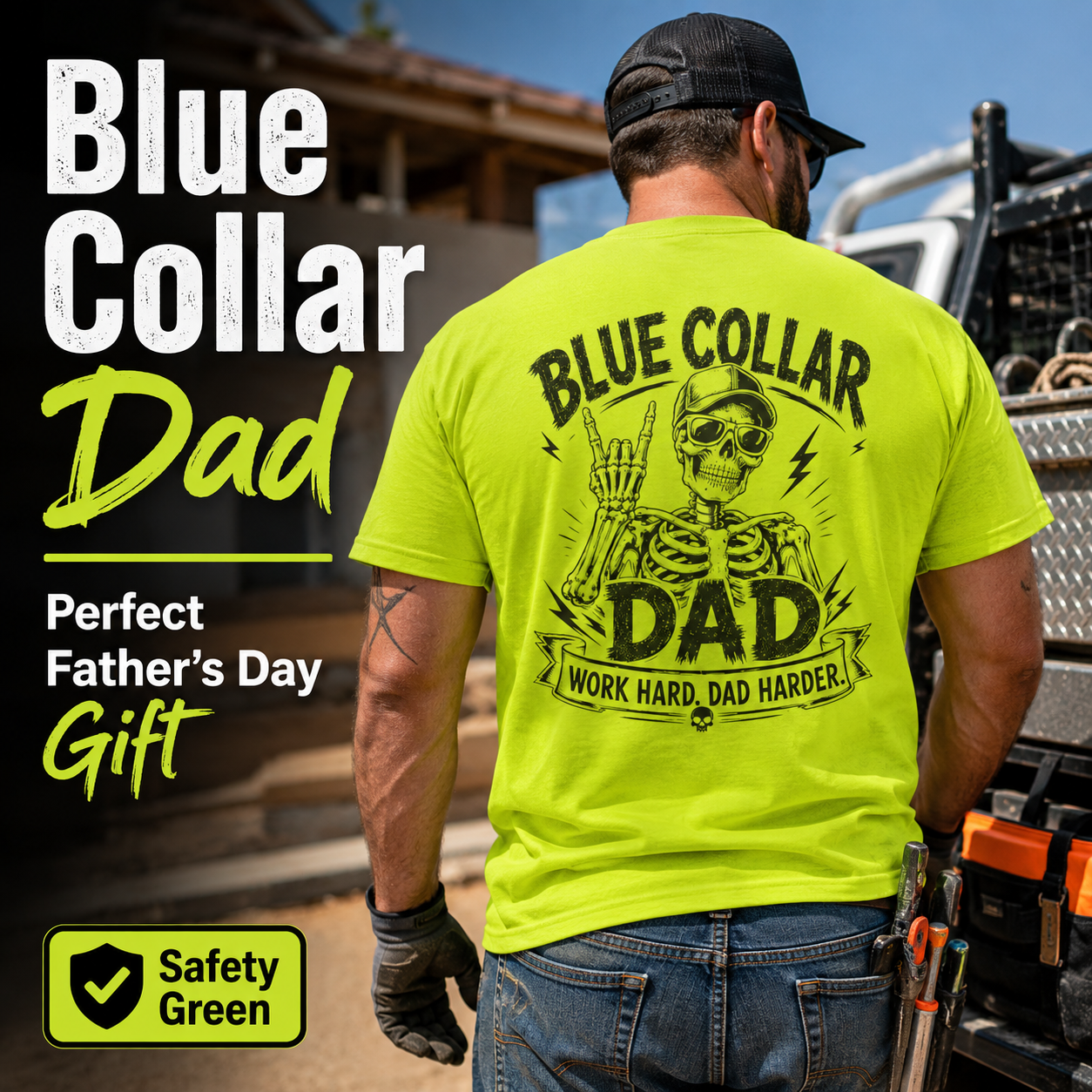 Safety Green and Safety Orange Mens Workwear, Blue Collar Dad Work T Shirt
