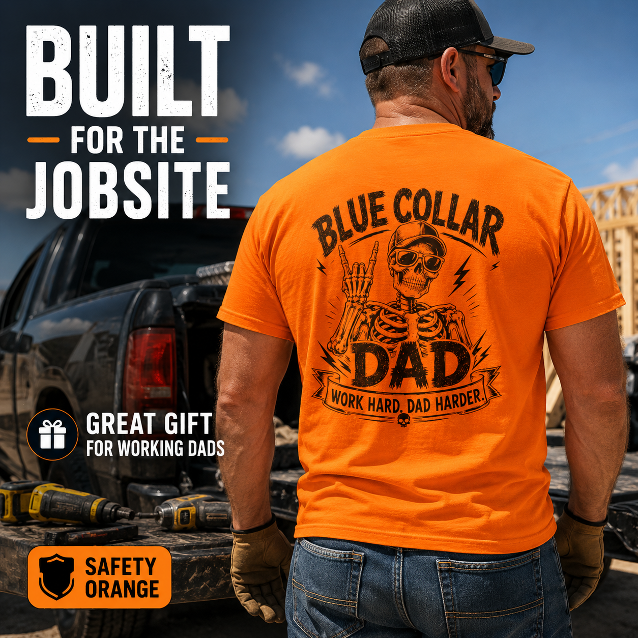 Safety Green and Safety Orange Mens Workwear, Blue Collar Dad Work T Shirt