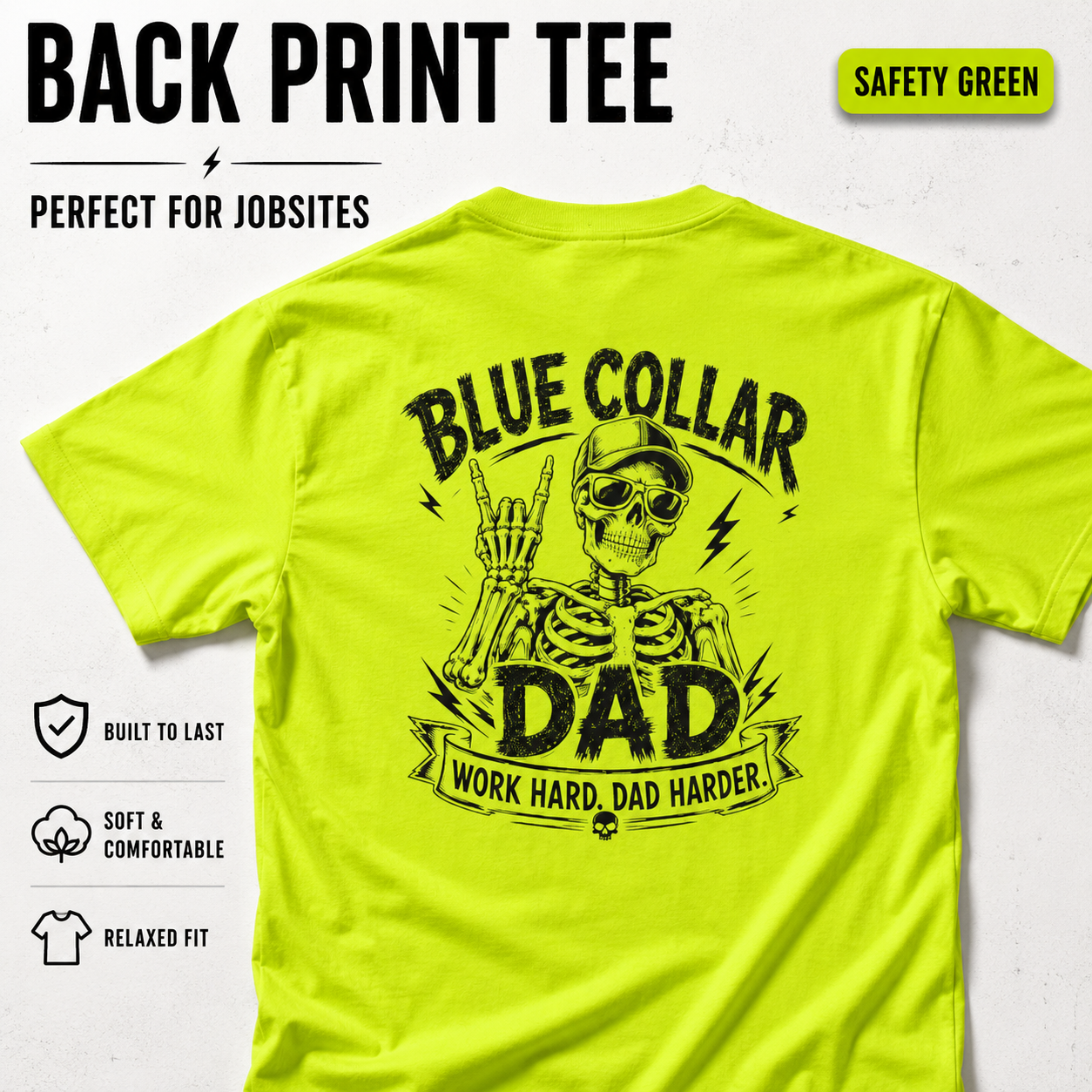 Safety Green and Safety Orange Mens Workwear, Blue Collar Dad Work T Shirt