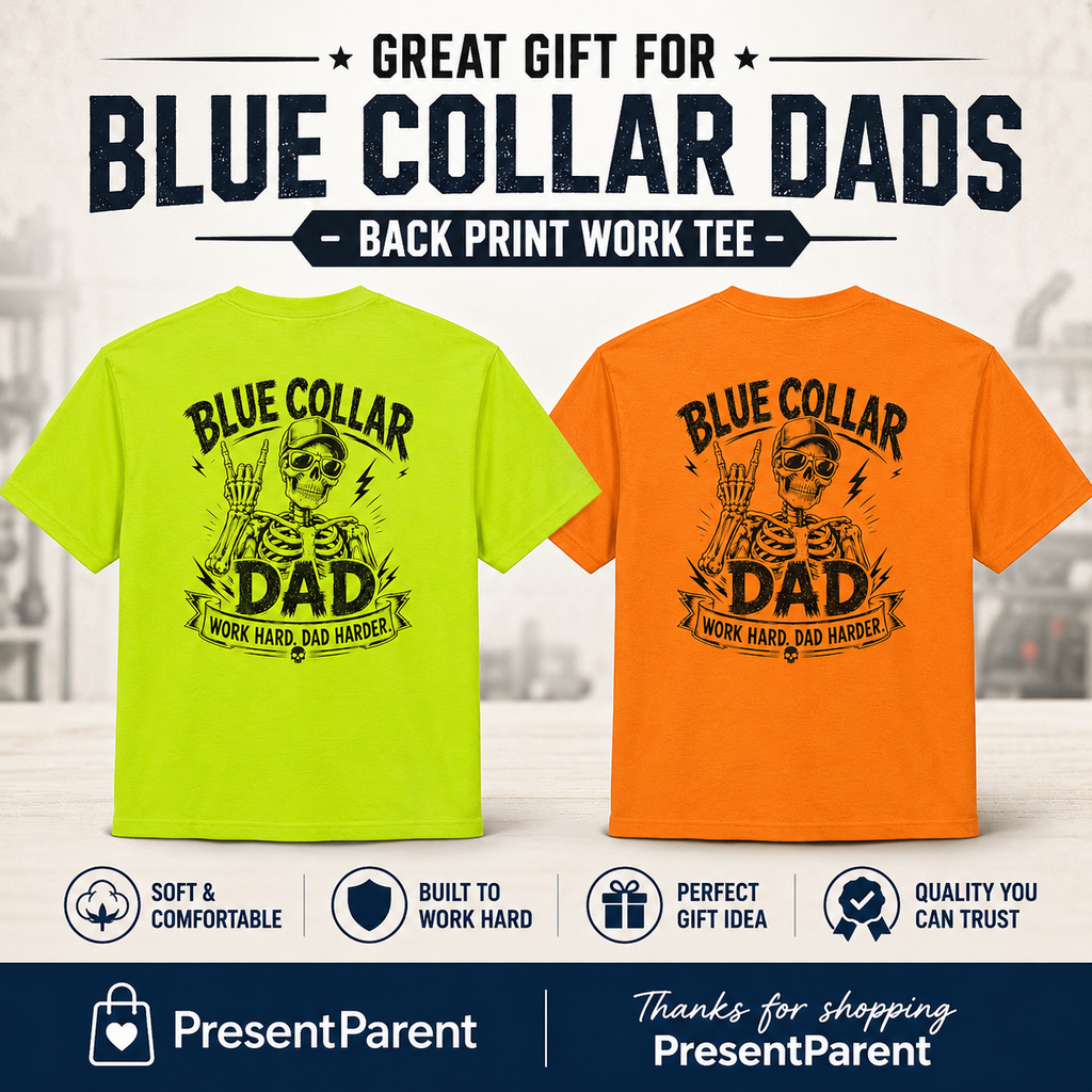 Safety Green and Safety Orange Mens Workwear, Blue Collar Dad Work T Shirt