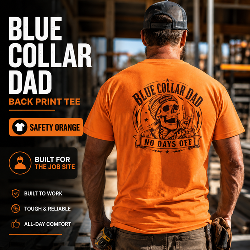 Safety green workwear-style dad tee with skull and banner design