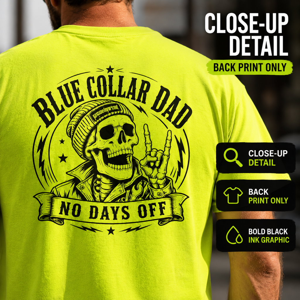 Blue Collar Dad graphic t-shirt in bright jobsite color option