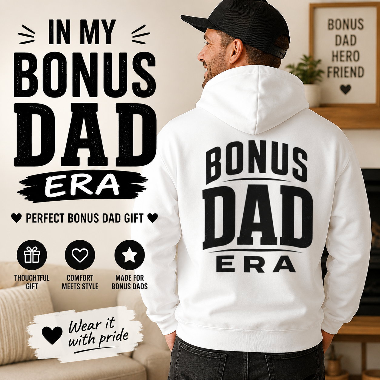 Bonus Dad Era hoodie product image for stepdads, bonus dads, and Father’s Day gifts.
