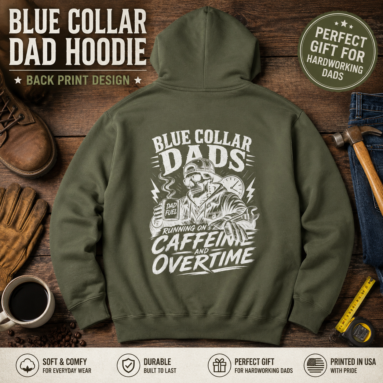 Blue Collar Dads skeleton with hammer Hoodie | Running on Caffeine and Overtime