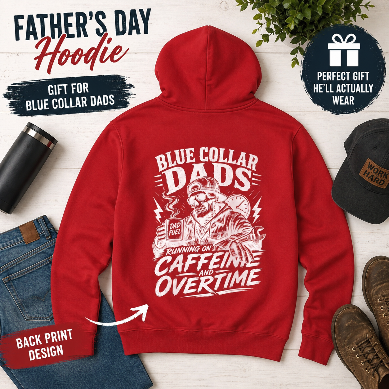 Blue Collar Dads skeleton with hammer Hoodie | Running on Caffeine and Overtime