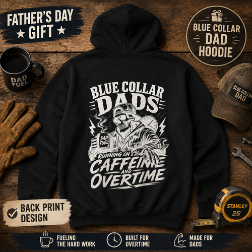 Blue Collar Dads skeleton with hammer Hoodie | Running on Caffeine and Overtime