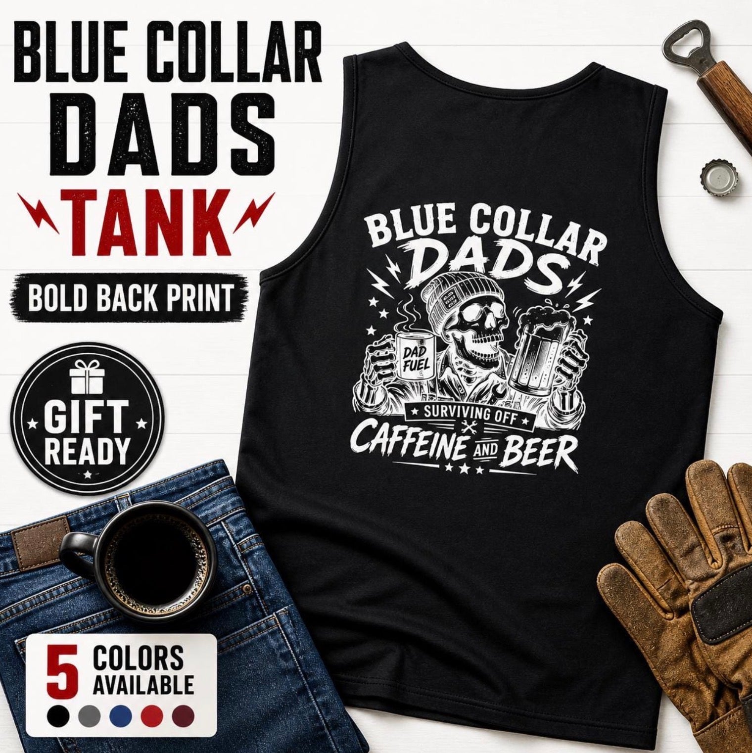 Black Blue Collar Dad tank top with coffee and beer graphic for hardworking dads