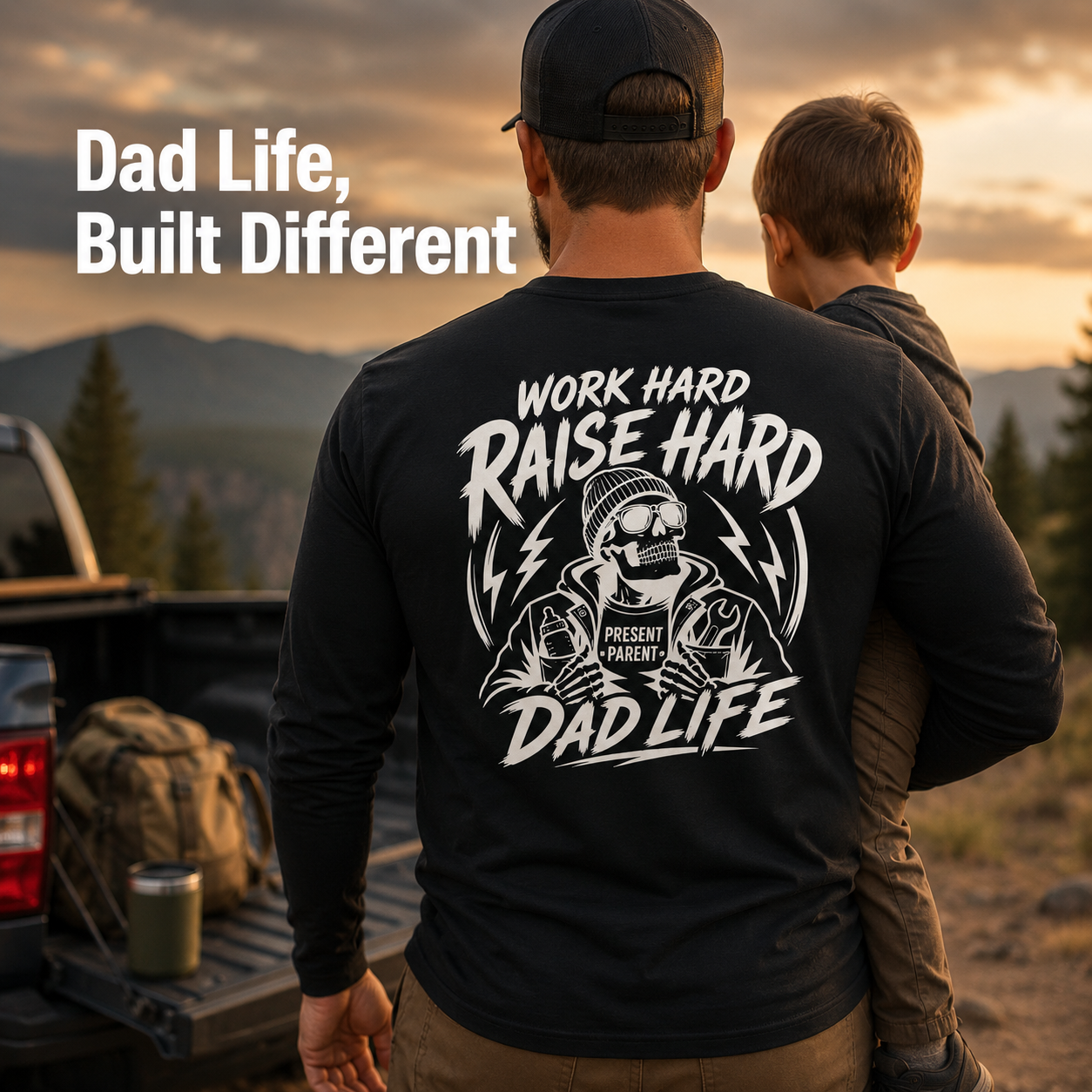 Men's Dad Life Long Sleeve Graphic Tee | Work Hard Raise Hard Back Print | Father's Day Gift