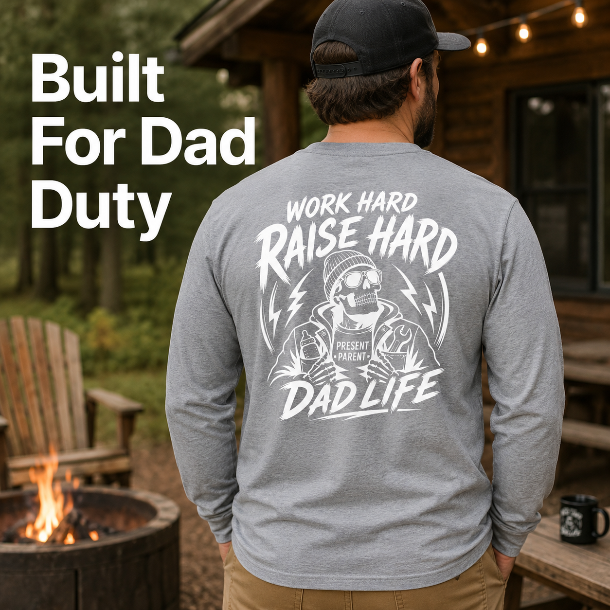 Men's Dad Life Long Sleeve Graphic Tee | Work Hard Raise Hard Back Print | Father's Day Gift