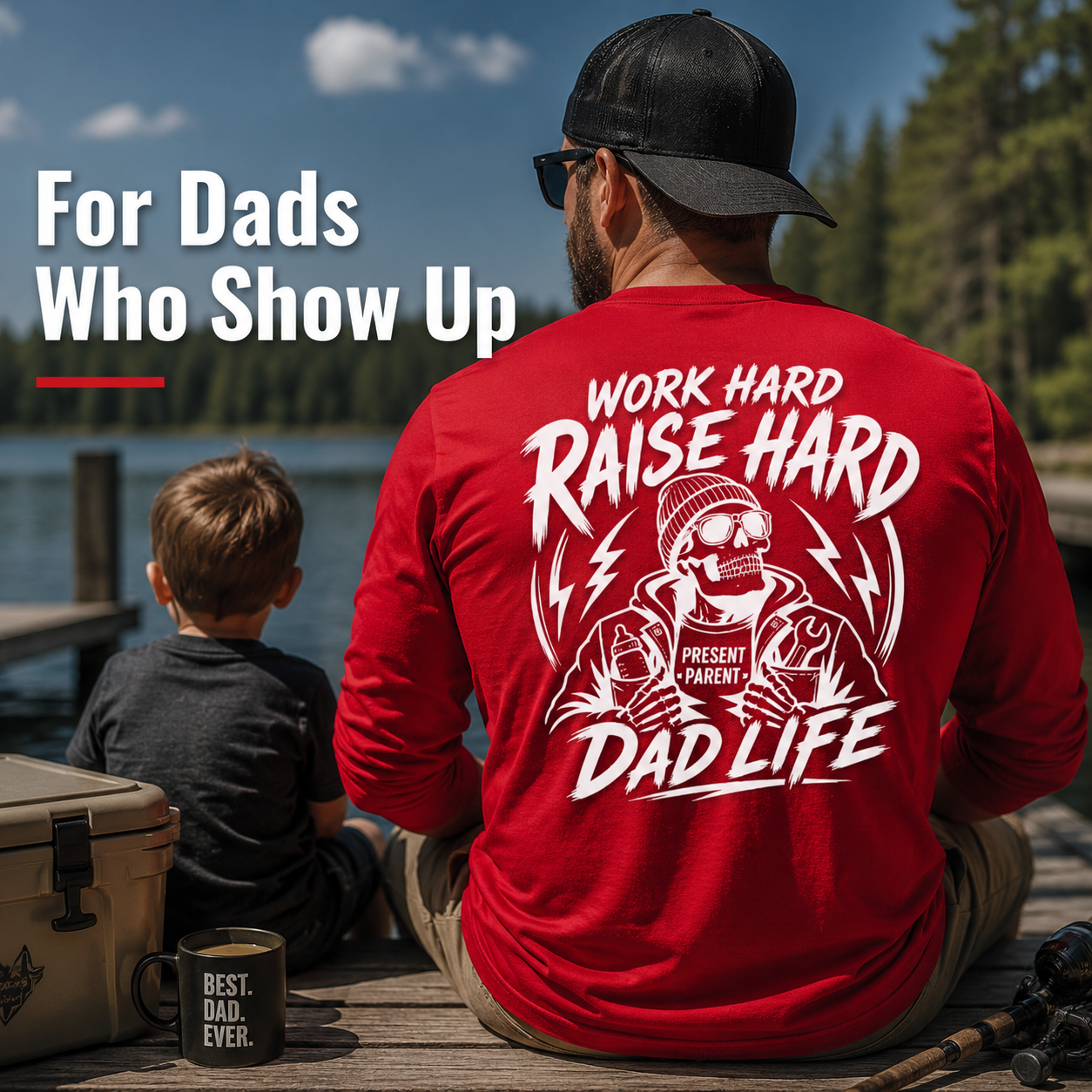 Men's Dad Life Long Sleeve Graphic Tee | Work Hard Raise Hard Back Print | Father's Day Gift